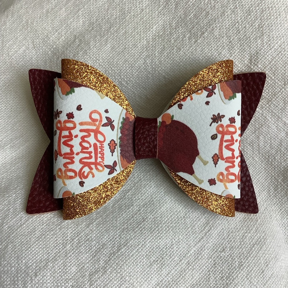 Thanksgiving turkey faux leather glitter hair bow little girl toddler preschool